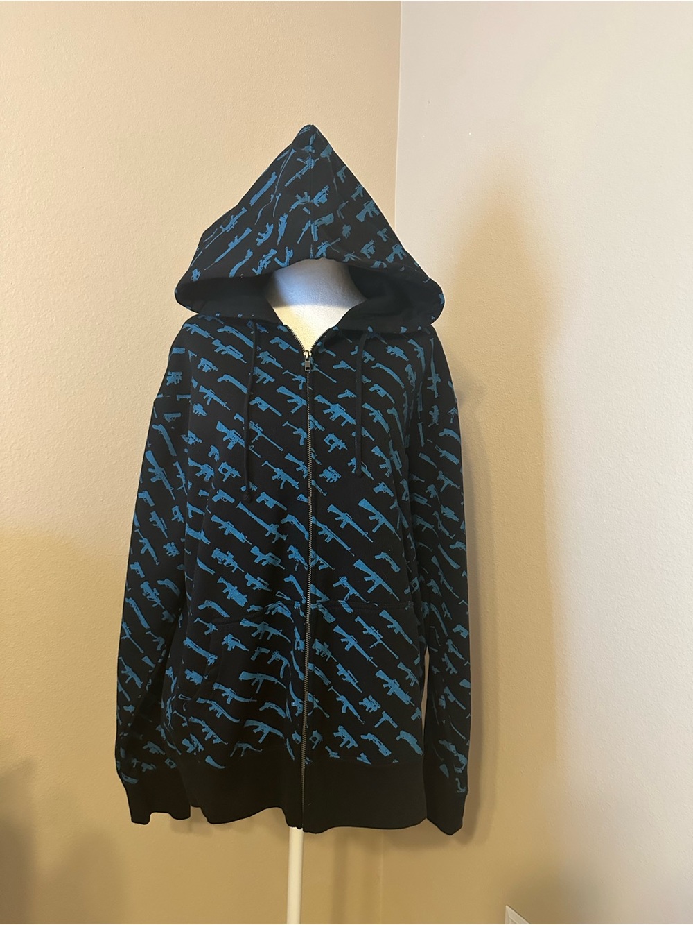Men's Black Hoodie Jacket with Blue Allover Graphic